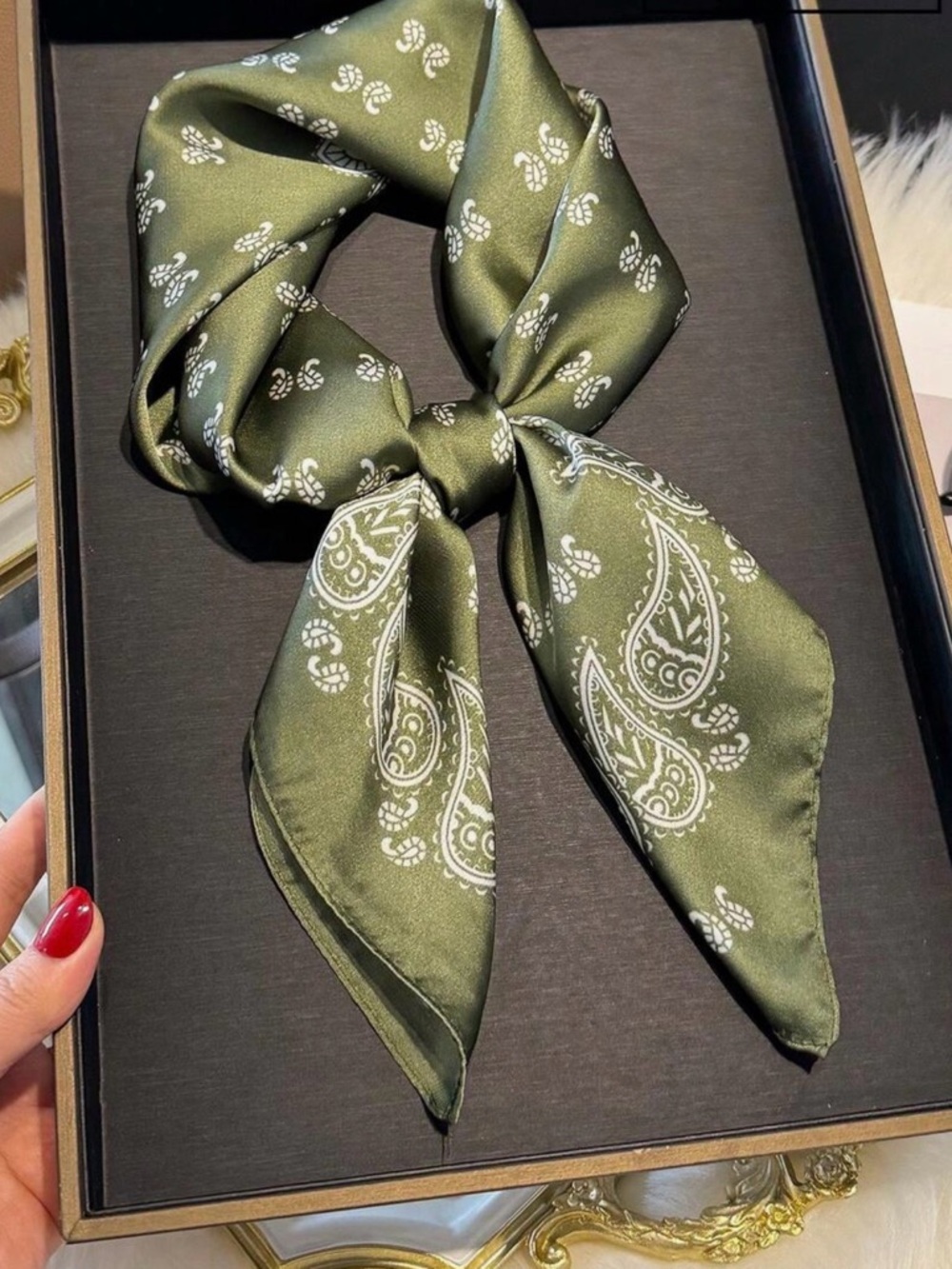 Green Bandana Print Faux Silk Scarf